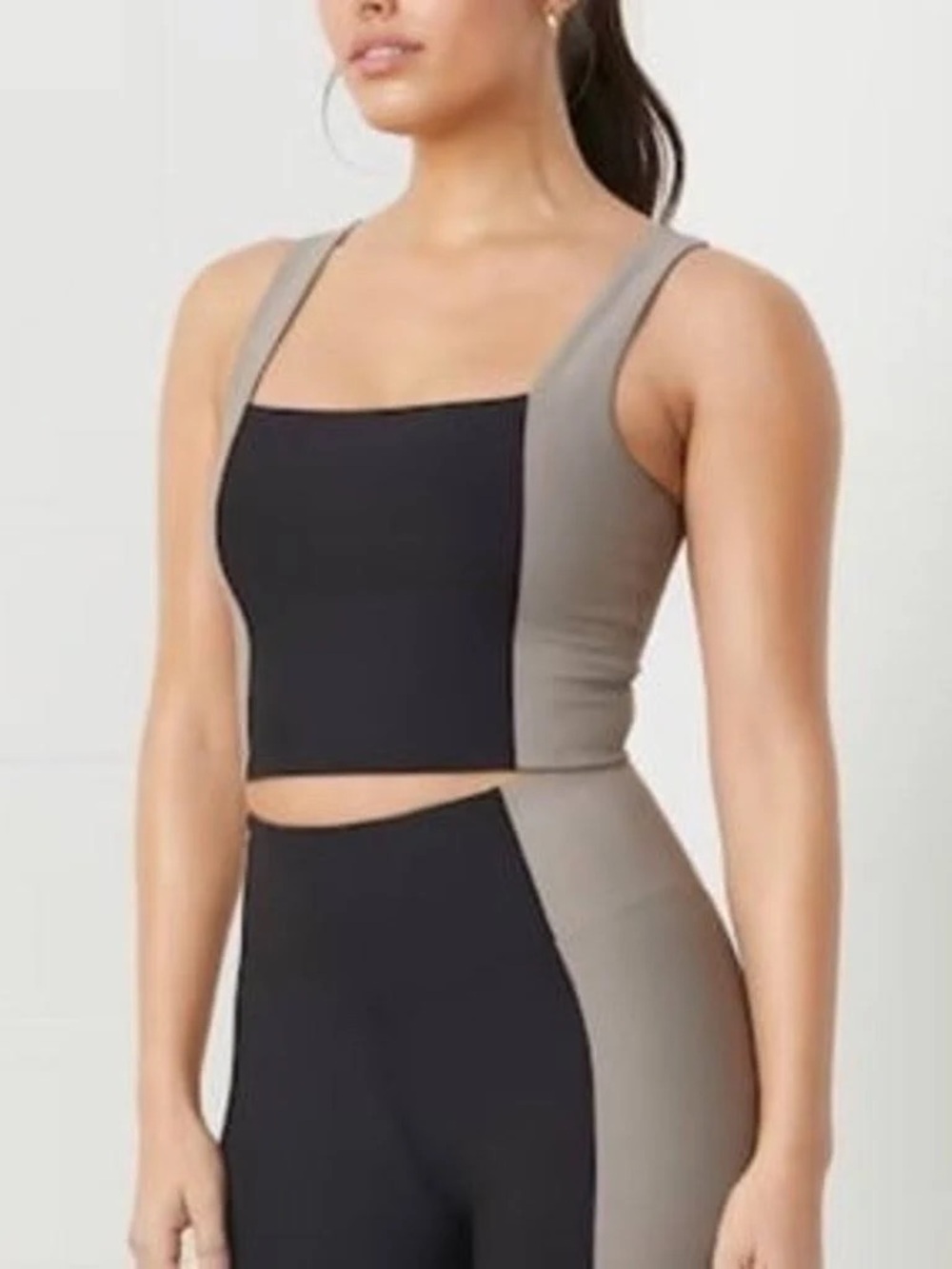 Colorblock Black and Taupe Square-Neck Crop Tank